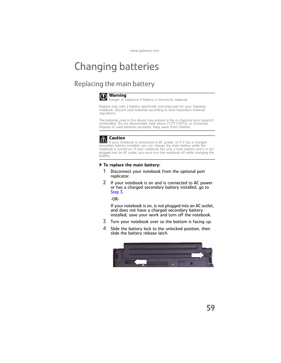 Changing batteries, Replacing the main battery | Gateway Laptop User Manual | Page 67 / 152