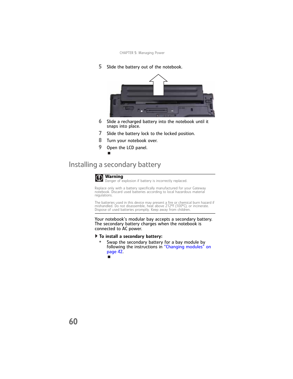 Installing a secondary battery | Gateway Laptop User Manual | Page 68 / 152