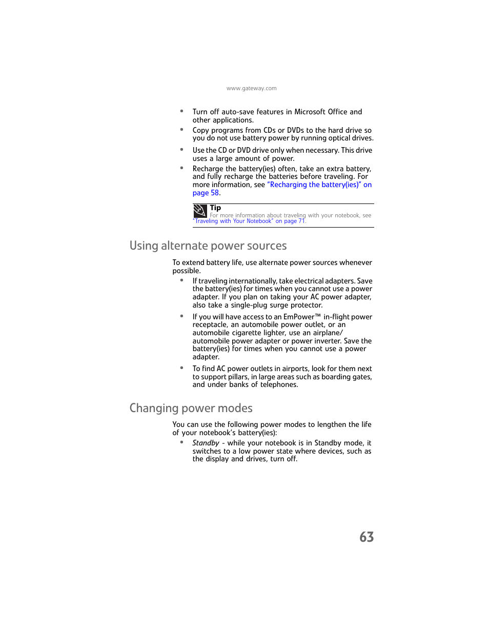 Using alternate power sources, Changing power modes, Using alternate power sources changing power modes | Changing power | Gateway Laptop User Manual | Page 71 / 152