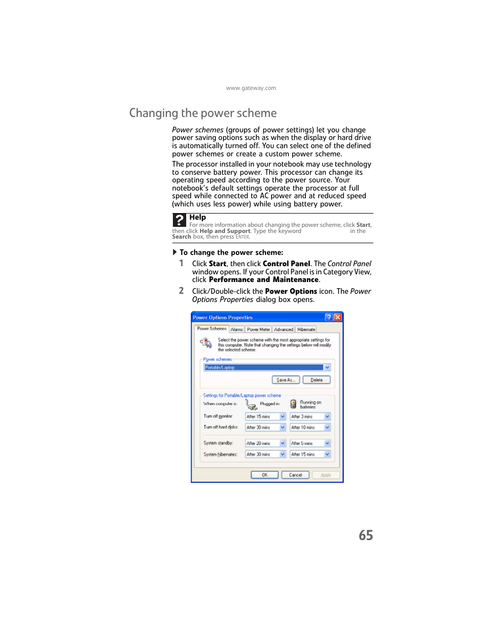 Changing the power scheme | Gateway Laptop User Manual | Page 73 / 152