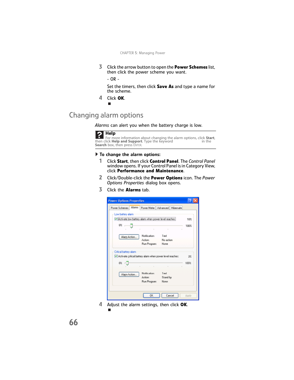 Changing alarm options | Gateway Laptop User Manual | Page 74 / 152
