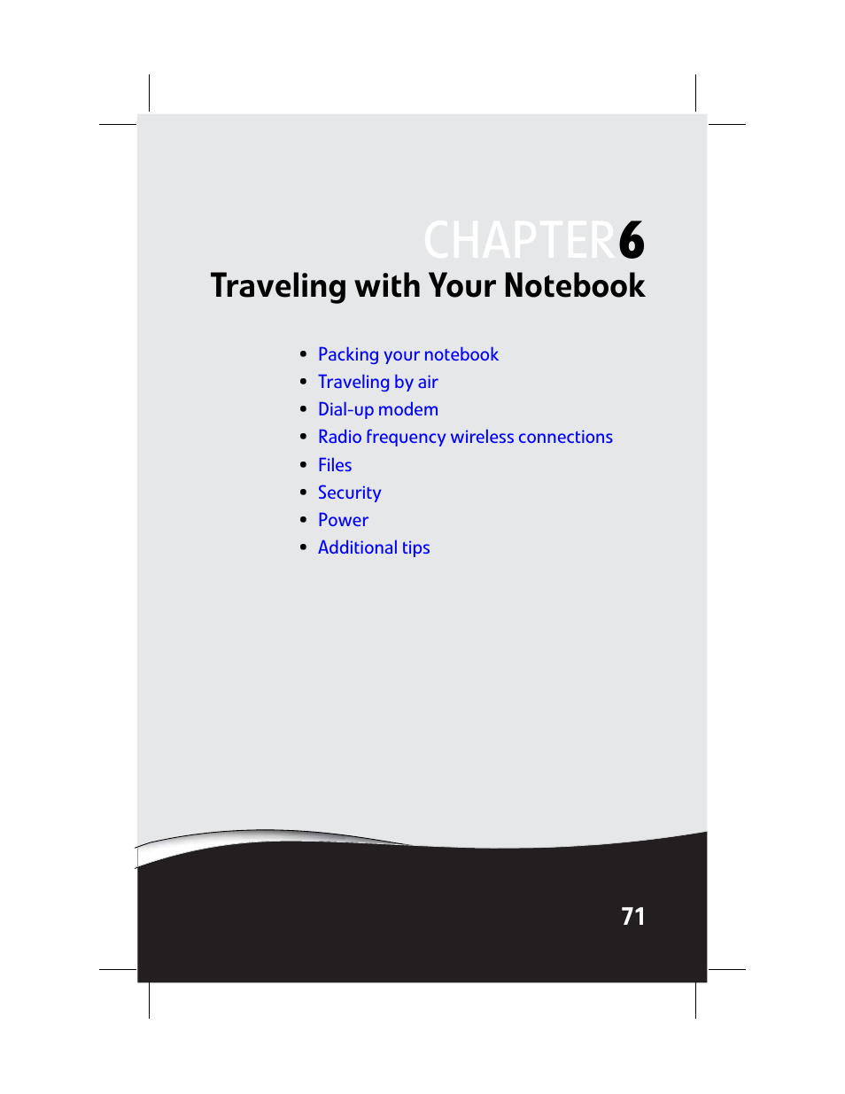 Traveling with your notebook, Chapter 6: traveling with your notebook, Chapter 6 | Gateway Laptop User Manual | Page 79 / 152