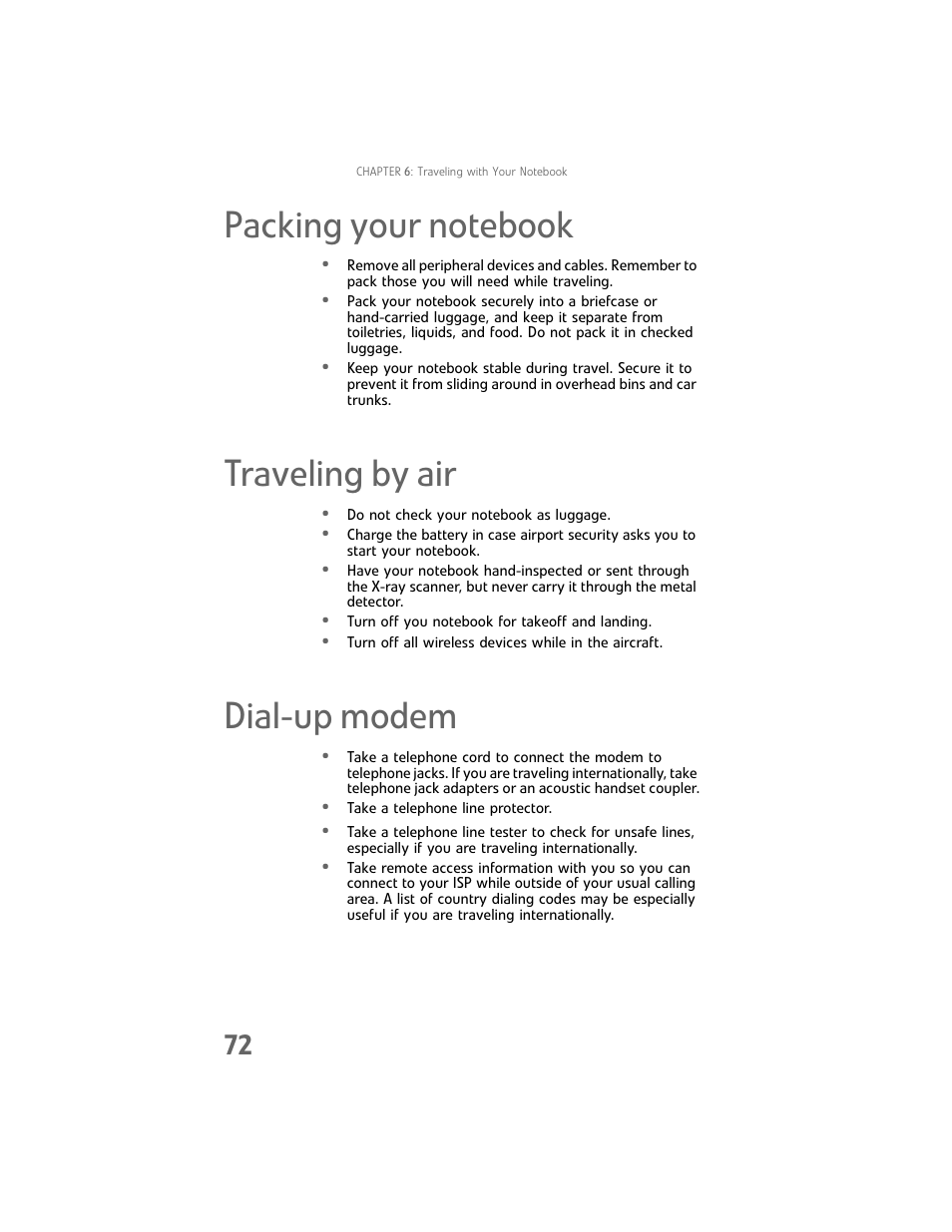 Packing your notebook, Traveling by air, Dial-up modem | Gateway Laptop User Manual | Page 80 / 152