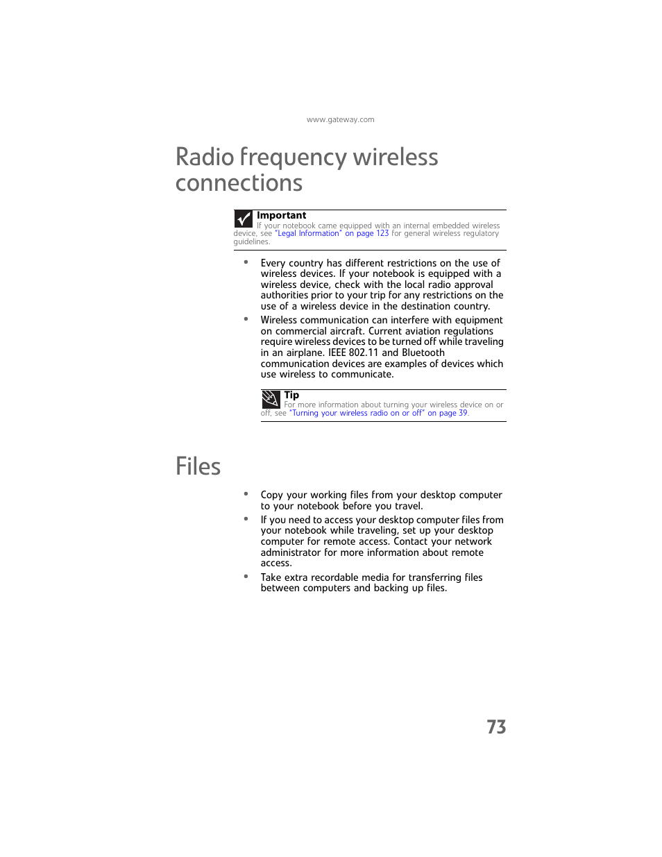 Radio frequency wireless connections, Files, Radio frequency wireless connections files | Gateway Laptop User Manual | Page 81 / 152