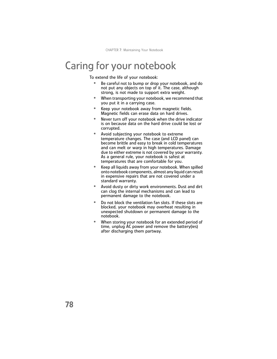 Caring for your notebook | Gateway Laptop User Manual | Page 86 / 152