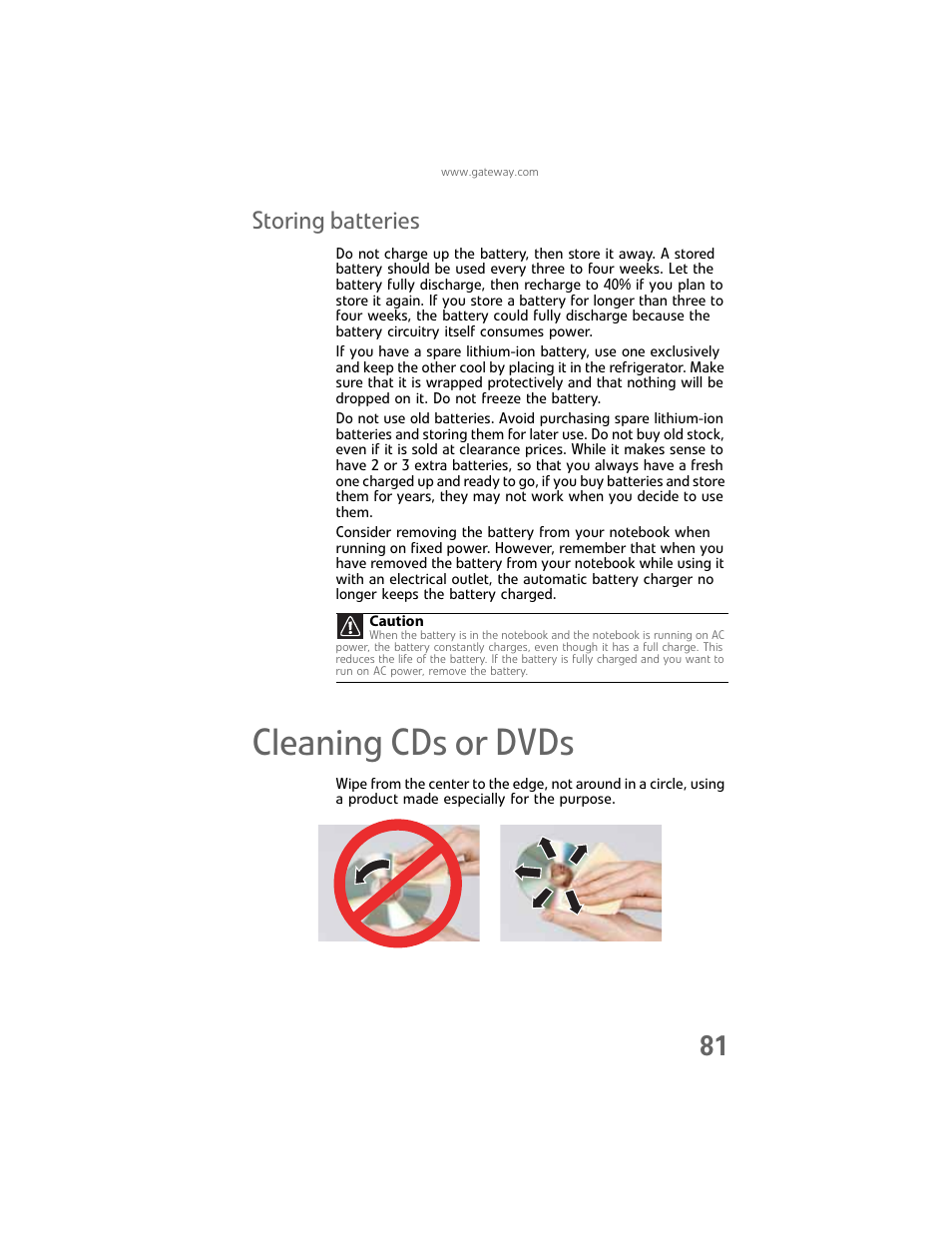 Storing batteries, Cleaning cds or dvds | Gateway Laptop User Manual | Page 89 / 152