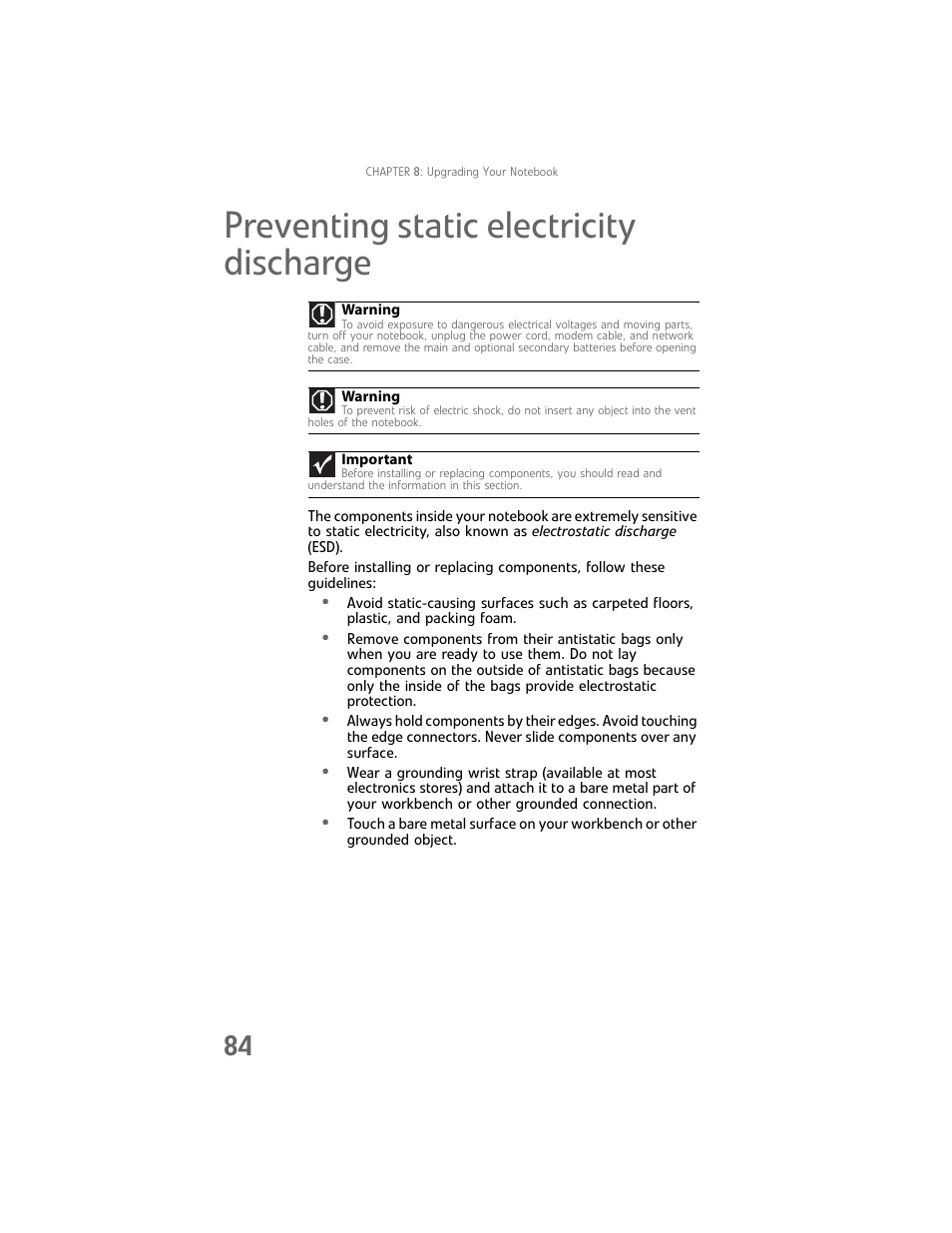 Preventing static electricity discharge | Gateway Laptop User Manual | Page 92 / 152