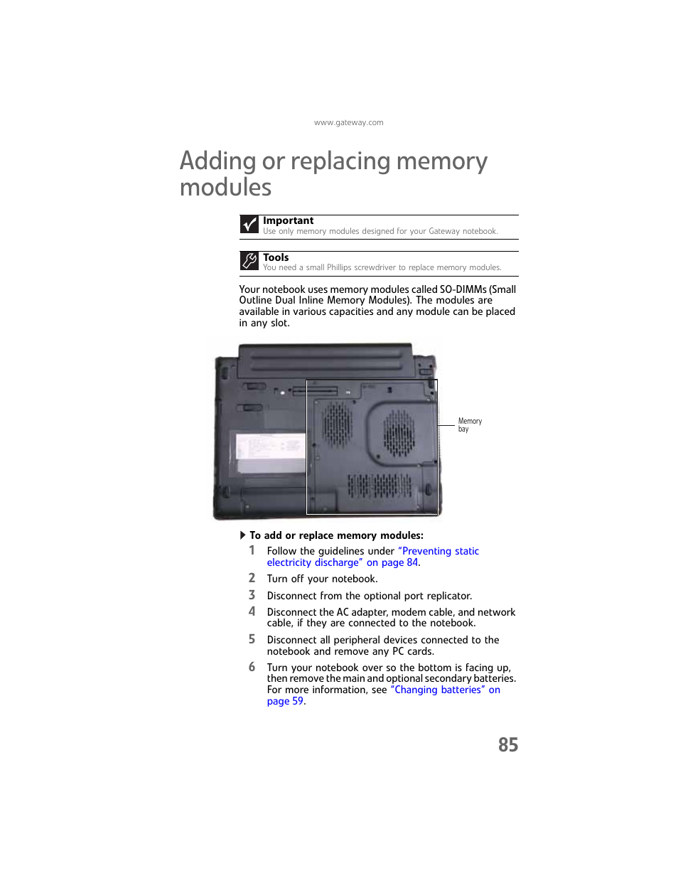 Adding or replacing memory modules, Adding or replacing memory, Adding or replacing memory modules” on | Gateway Laptop User Manual | Page 93 / 152