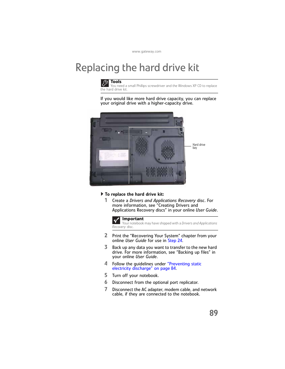 Replacing the hard drive kit, Replacing the hard drive kit” on | Gateway Laptop User Manual | Page 97 / 152