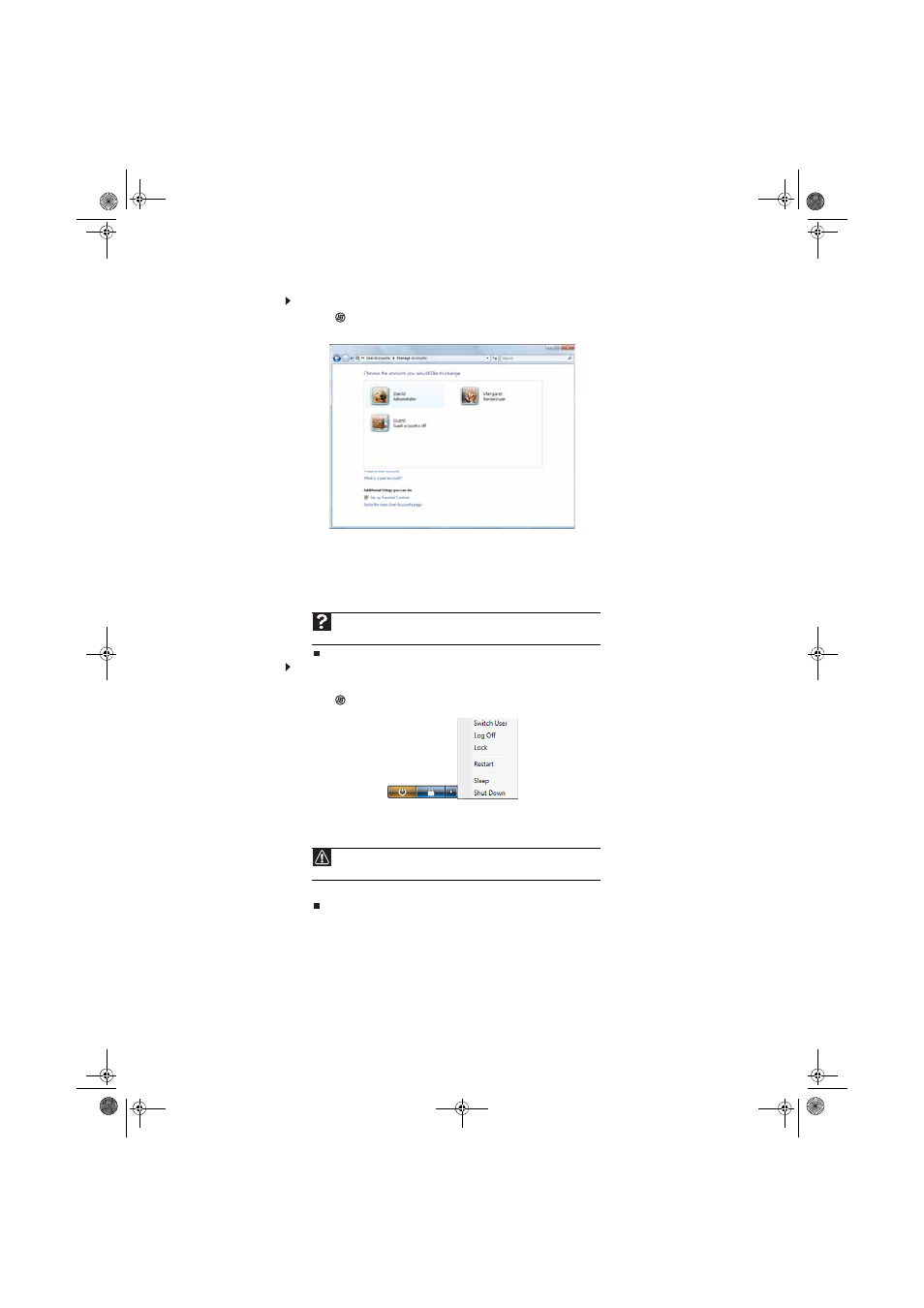 To add, delete, or modify user accounts, To switch between user accounts | Gateway eMachine 3 User Manual | Page 80 / 96