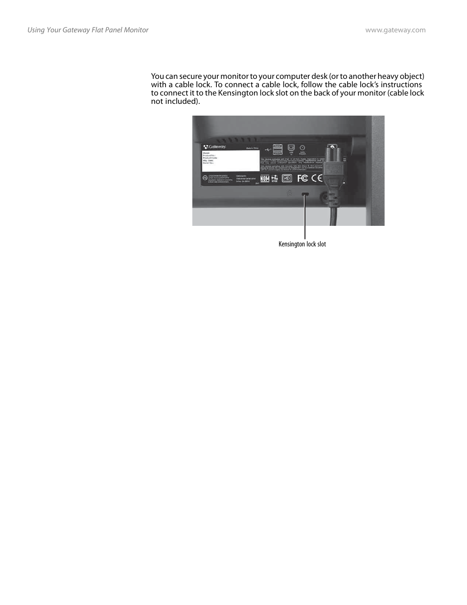 Connecting a security cable | Gateway FPD2185W User Manual | Page 10 / 42