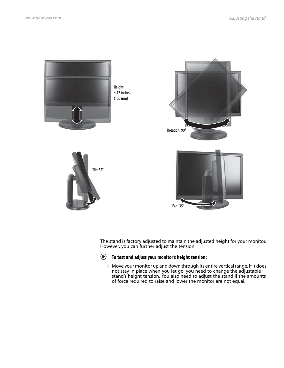 Adjusting the stand, Adjusting monitor height tension, To test and adjust your monitor’s height tension | Gateway FPD2185W User Manual | Page 11 / 42