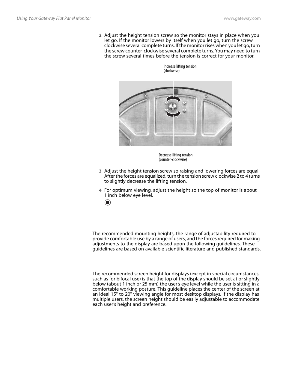 Ergonomic guidelines, Screen height | Gateway FPD2185W User Manual | Page 12 / 42