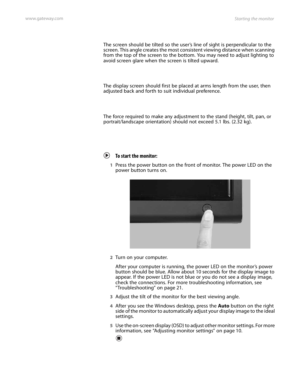 Screen tilt, Screen distance from user, Stand adjustment forces | Starting the monitor, To start the monitor | Gateway FPD2185W User Manual | Page 13 / 42