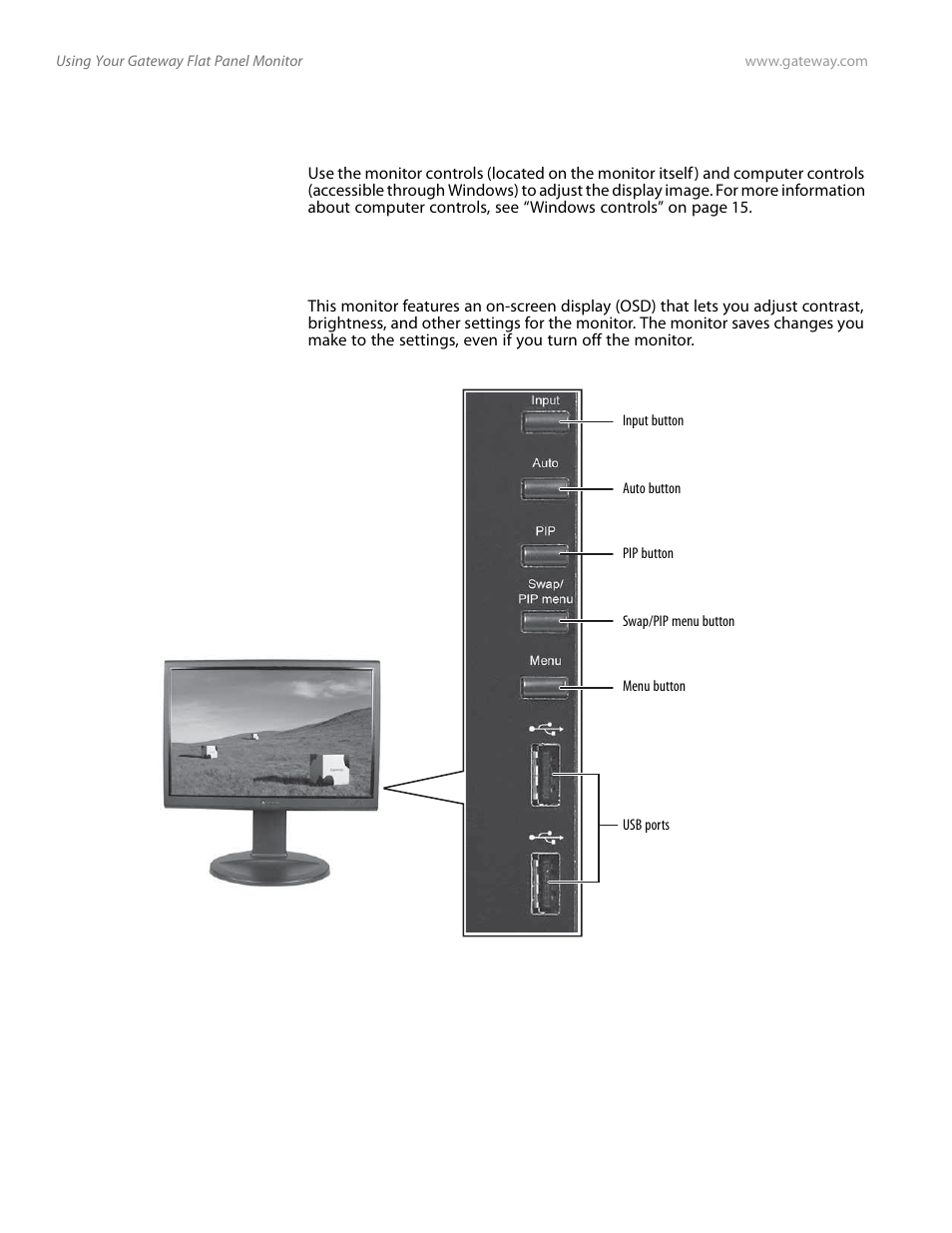 Adjusting monitor settings, Monitor buttons | Gateway FPD2185W User Manual | Page 14 / 42