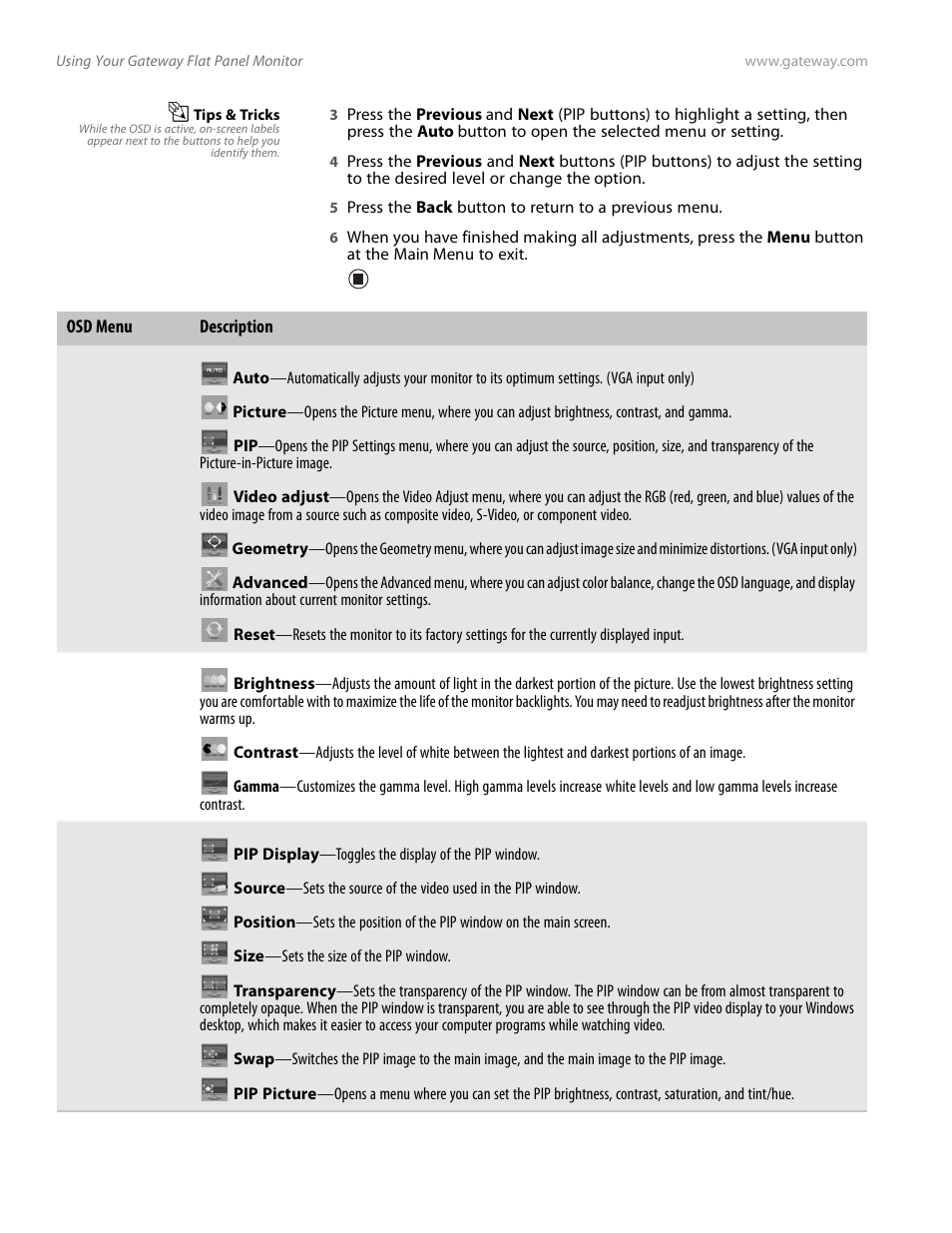 Main menu, Picture menu, Pip settings menu | Gateway FPD2185W User Manual | Page 16 / 42