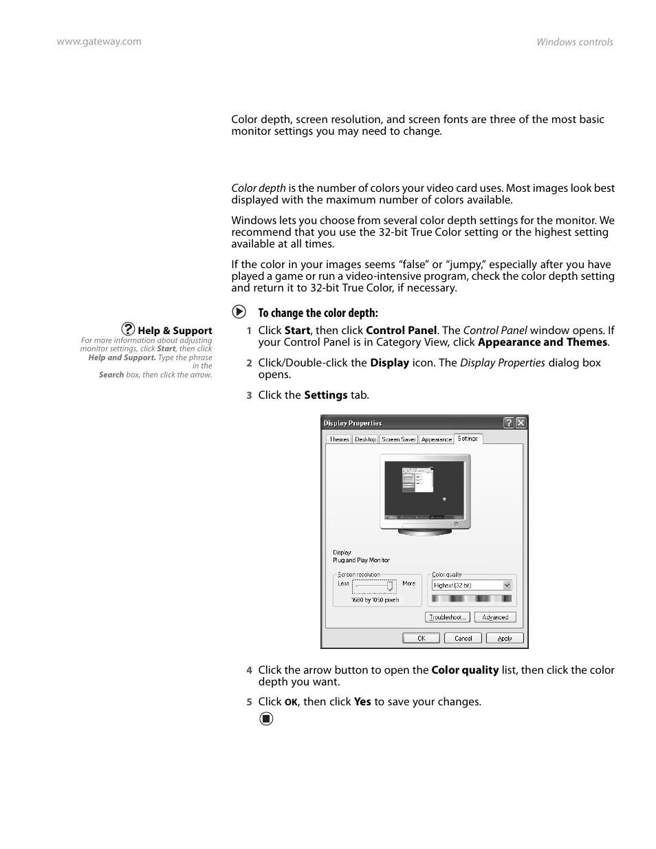 Windows controls, Adjusting the color depth, To change the color depth | Gateway FPD2185W User Manual | Page 19 / 42