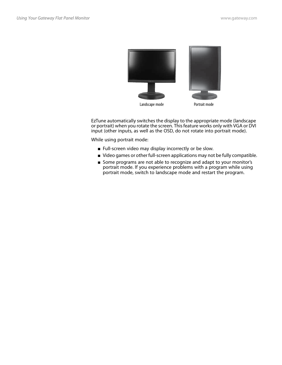 Using landscape and portrait modes | Gateway FPD2185W User Manual | Page 22 / 42