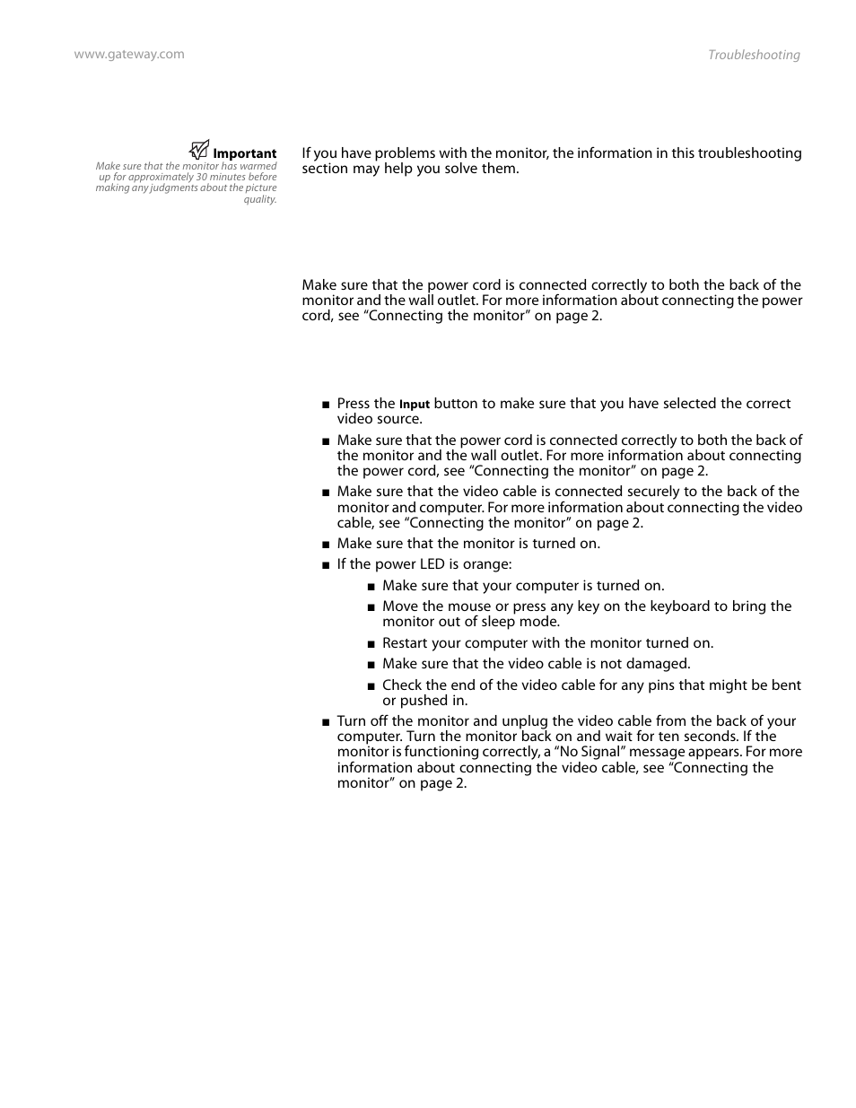 Troubleshooting, No power, No picture | No power no picture | Gateway FPD2185W User Manual | Page 25 / 42