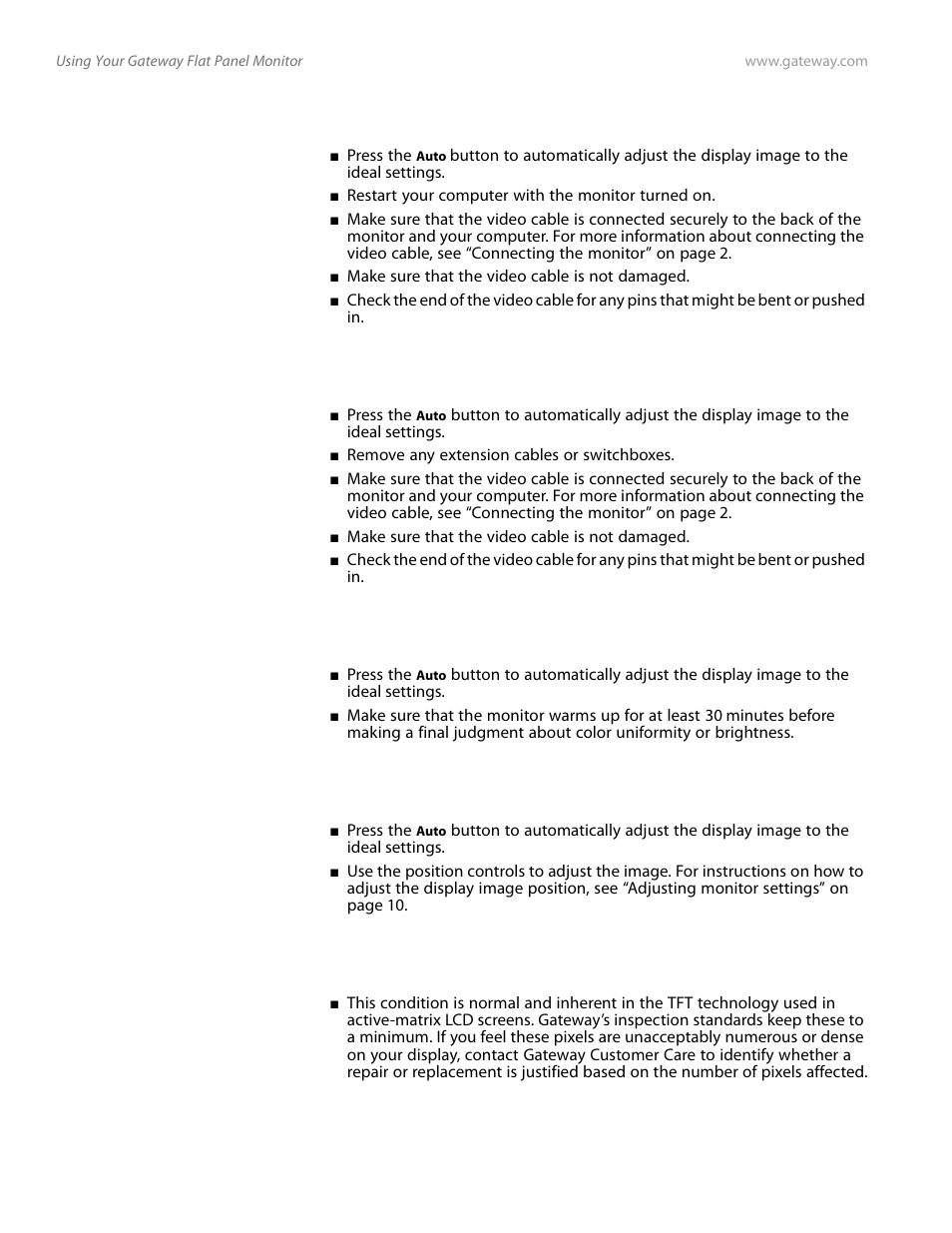 Display colors are wrong, Picture has shadows or “ghosts, Color is not uniform | Image is not sized or centered correctly | Gateway FPD2185W User Manual | Page 26 / 42