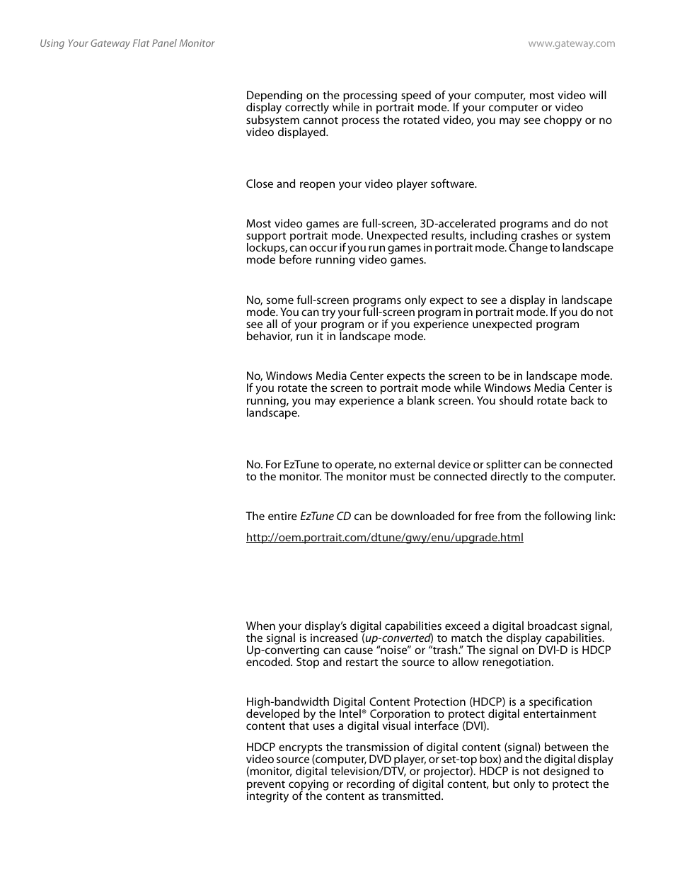 Can i run video games in portrait mode, Do all full-screen programs support portrait mode, Does windows media center operate in portrait mode | Technical, Why do i see “noise” or “trash” on the screen, What is hdcp and how do i troubleshoot it | Gateway FPD2185W User Manual | Page 30 / 42