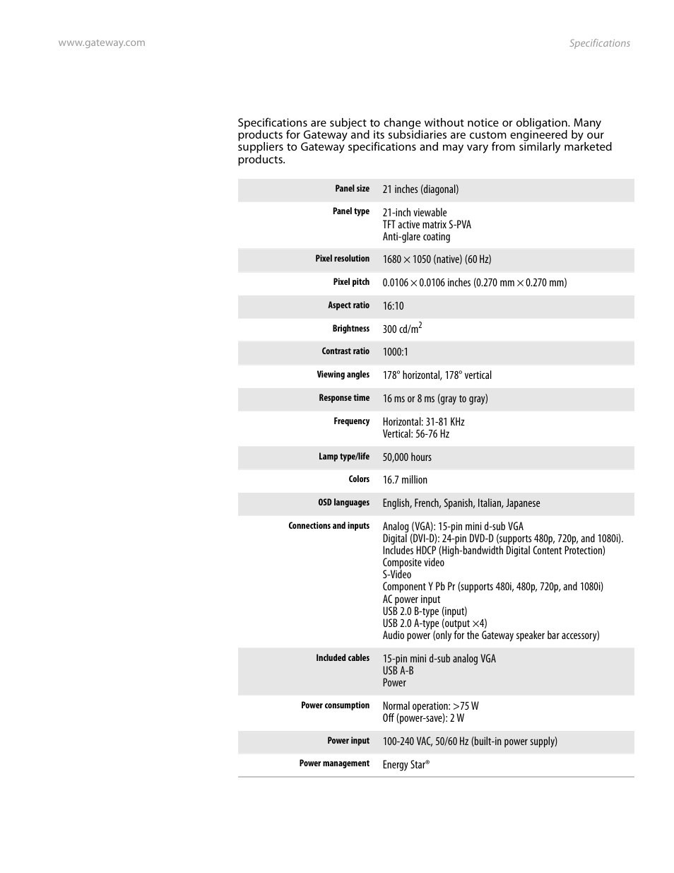 Specifications | Gateway FPD2185W User Manual | Page 33 / 42