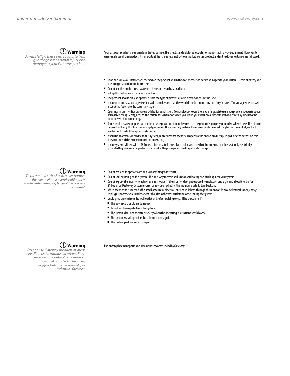 Important safety information, Setting up your system, Care during use | Replacement parts and accessories, Warning | Gateway FPD2185W User Manual | Page 36 / 42