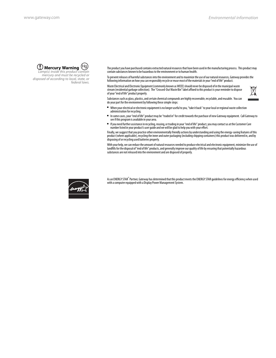 Recycling, Epa energy star, Recycling epa energy star | Environmental information | Gateway FPD2185W User Manual | Page 37 / 42