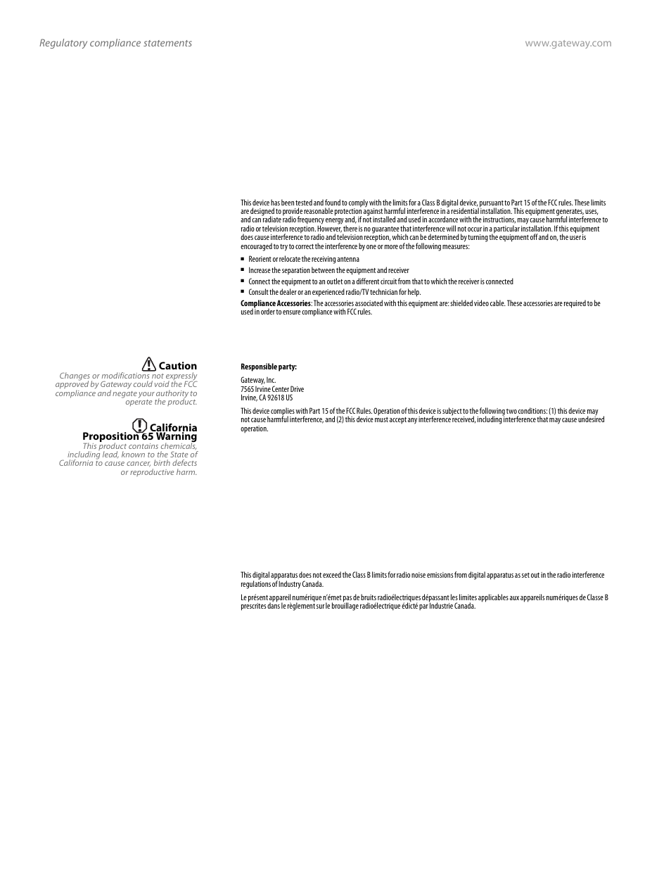 Regulatory compliance statements, United states of america, Canada | Fcc declaration of conformity | Gateway FPD2185W User Manual | Page 38 / 42