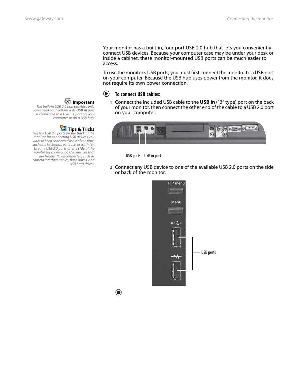 Connecting usb cables, To connect usb cables | Gateway FPD2185W User Manual | Page 9 / 42