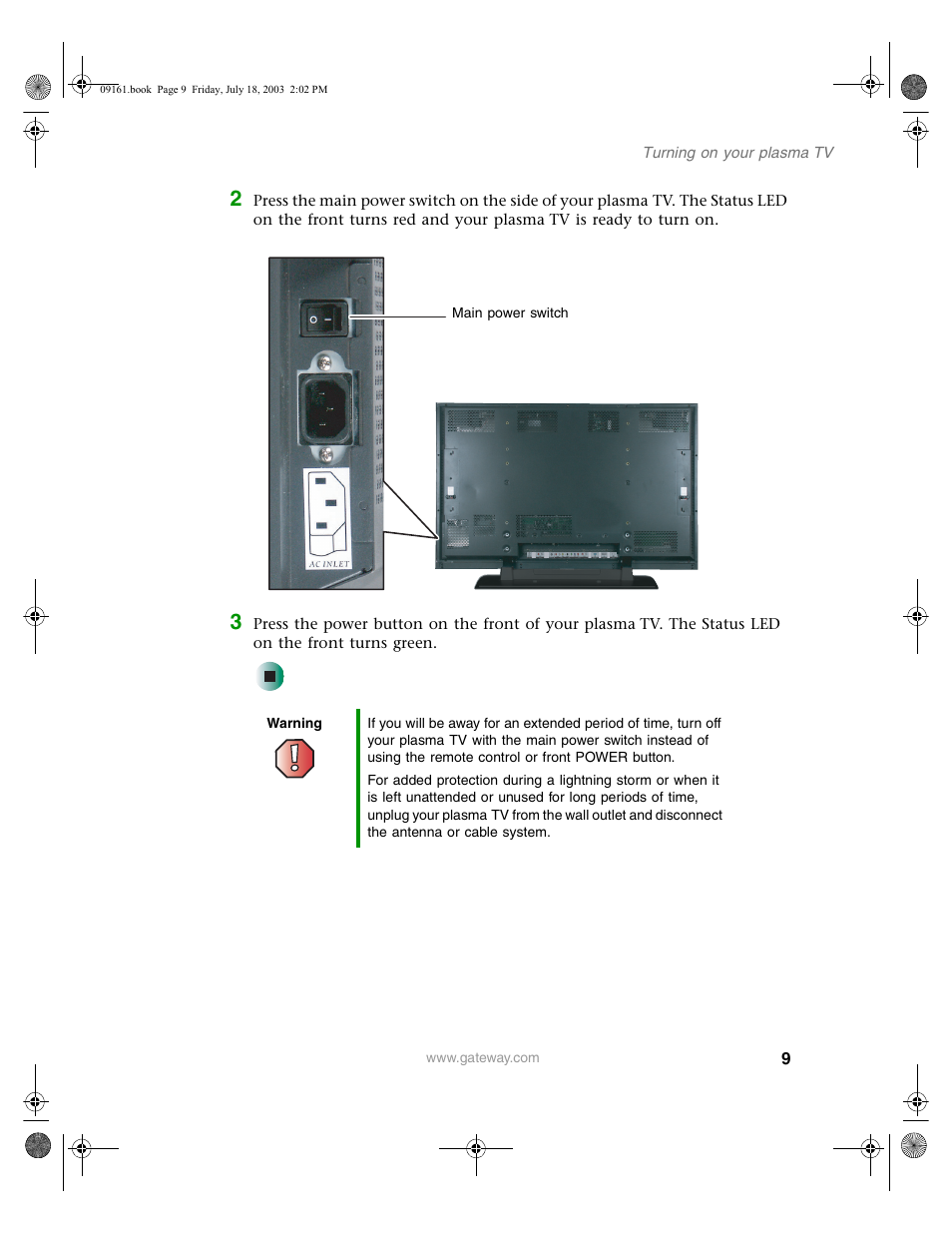 Warning | Gateway GTW-P46M103 User Manual | Page 13 / 58