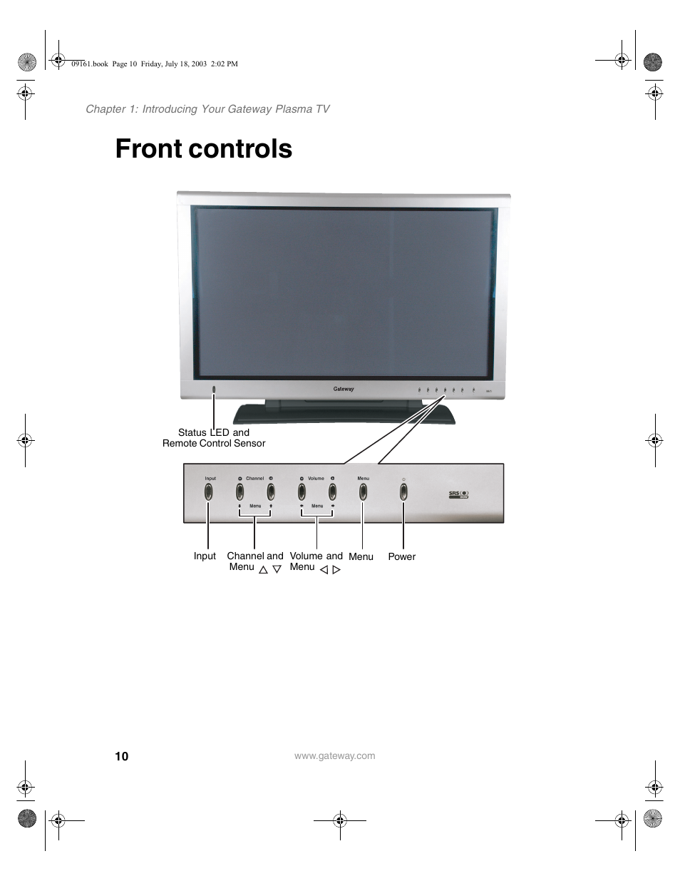 Front controls | Gateway GTW-P46M103 User Manual | Page 14 / 58