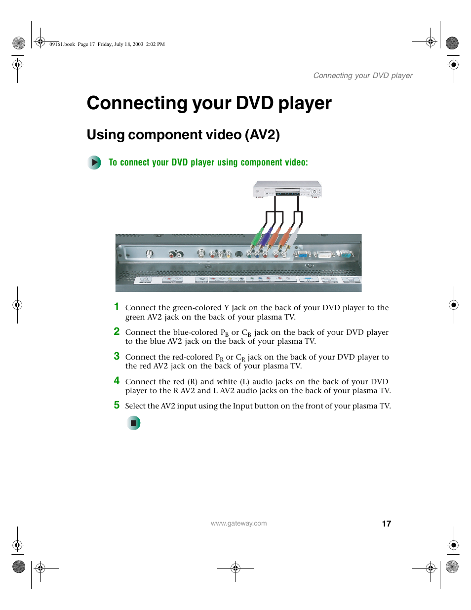 Connecting your dvd player, Using component video (av2), To connect your dvd player using component video | Gateway GTW-P46M103 User Manual | Page 21 / 58
