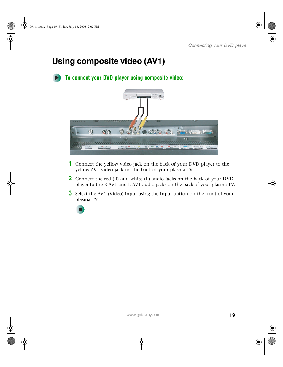 Using composite video (av1), To connect your dvd player using composite video | Gateway GTW-P46M103 User Manual | Page 23 / 58