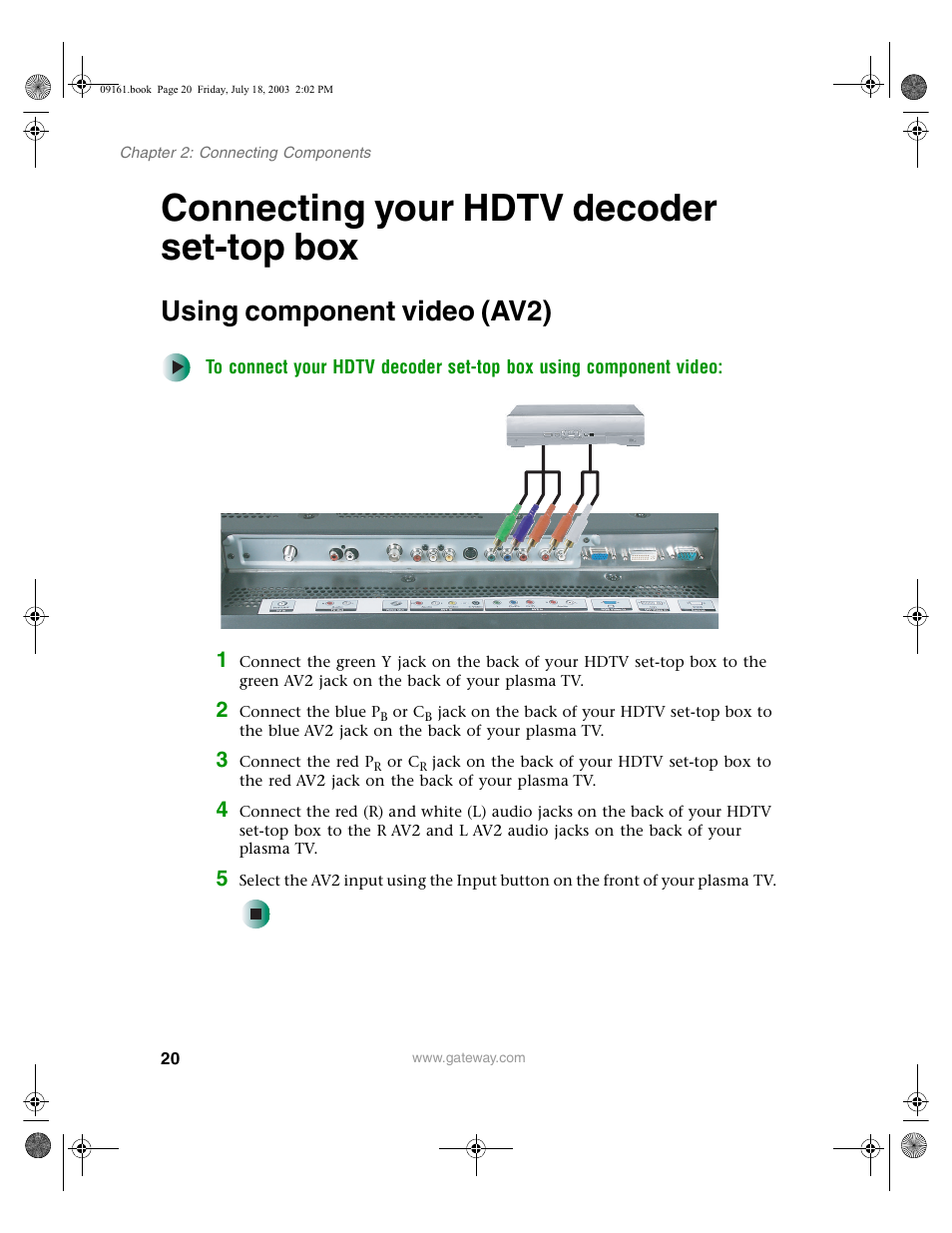 Connecting your hdtv decoder set-top box, Using component video (av2) | Gateway GTW-P46M103 User Manual | Page 24 / 58