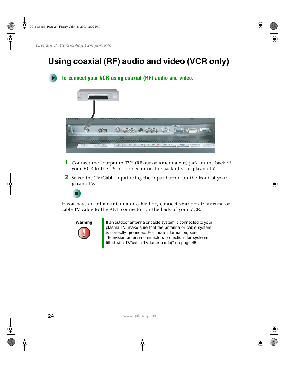 Using coaxial (rf) audio and video (vcr only), Warning | Gateway GTW-P46M103 User Manual | Page 28 / 58