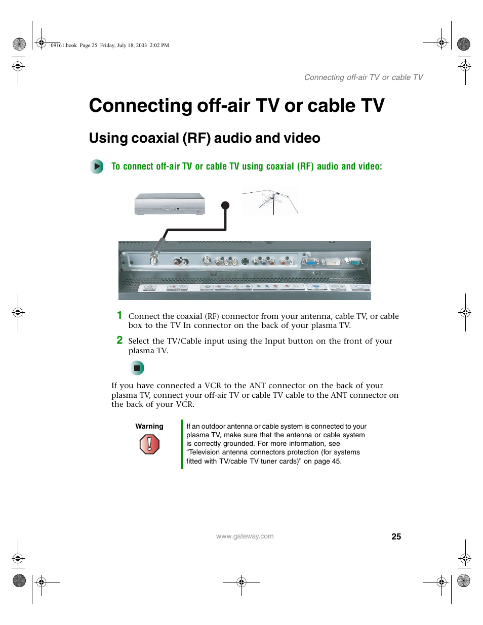Connecting off-airtv or cabletv, Using coaxial (rf) audio and video, Warning | Connecting off-air tv or cable tv | Gateway GTW-P46M103 User Manual | Page 29 / 58