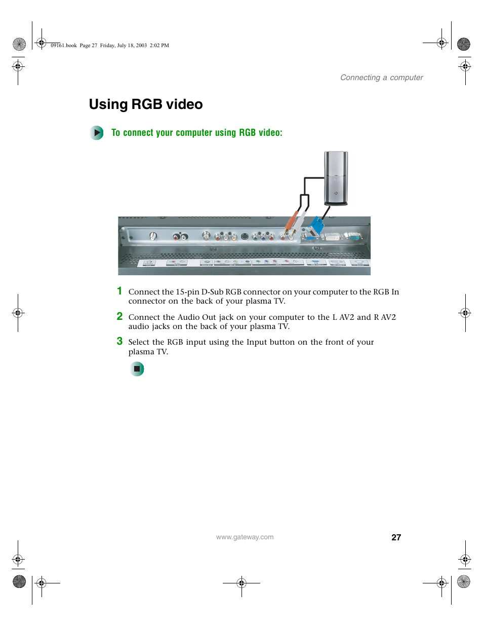 Using rgb video, To connect your computer using rgb video | Gateway GTW-P46M103 User Manual | Page 31 / 58