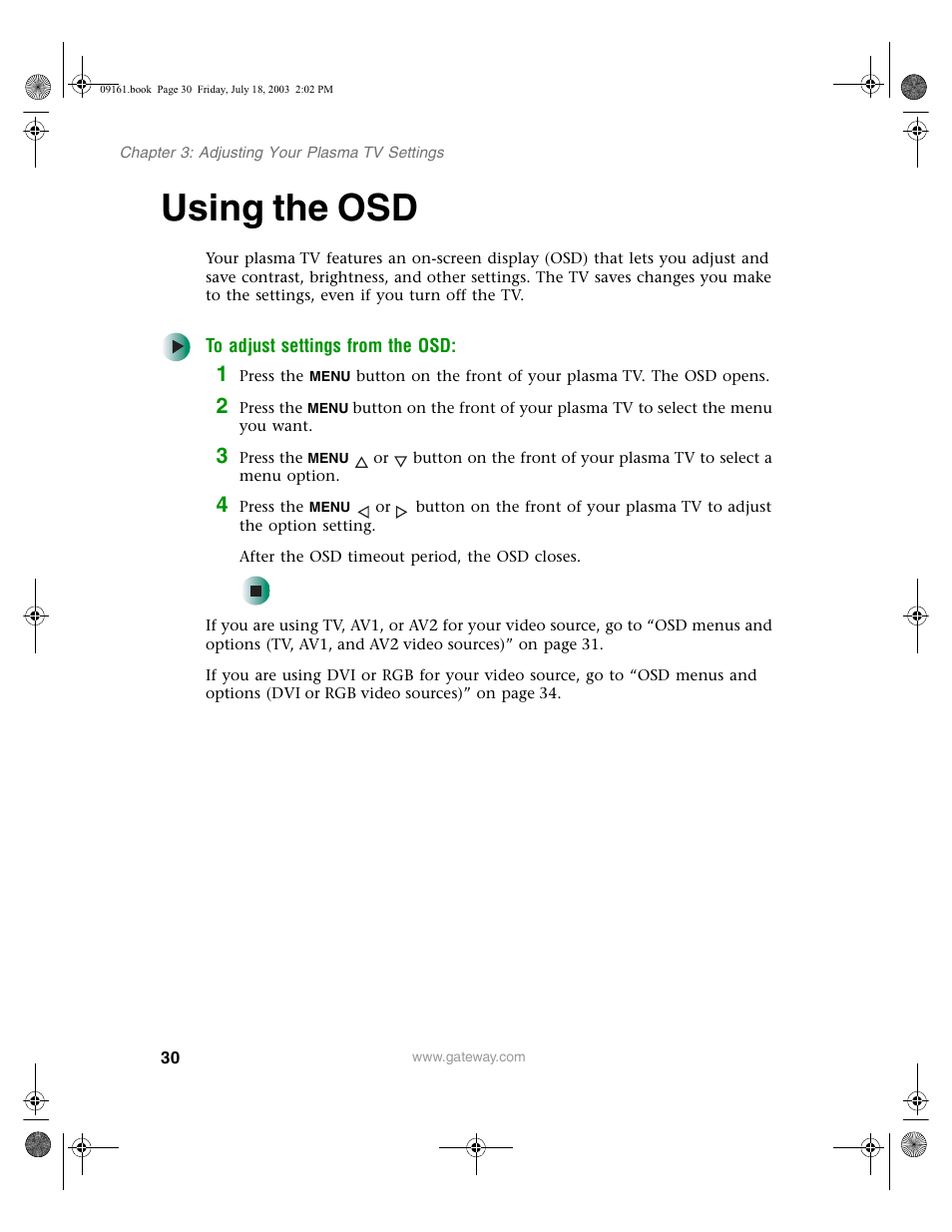 Using the osd, To adjust settings from the osd | Gateway GTW-P46M103 User Manual | Page 34 / 58