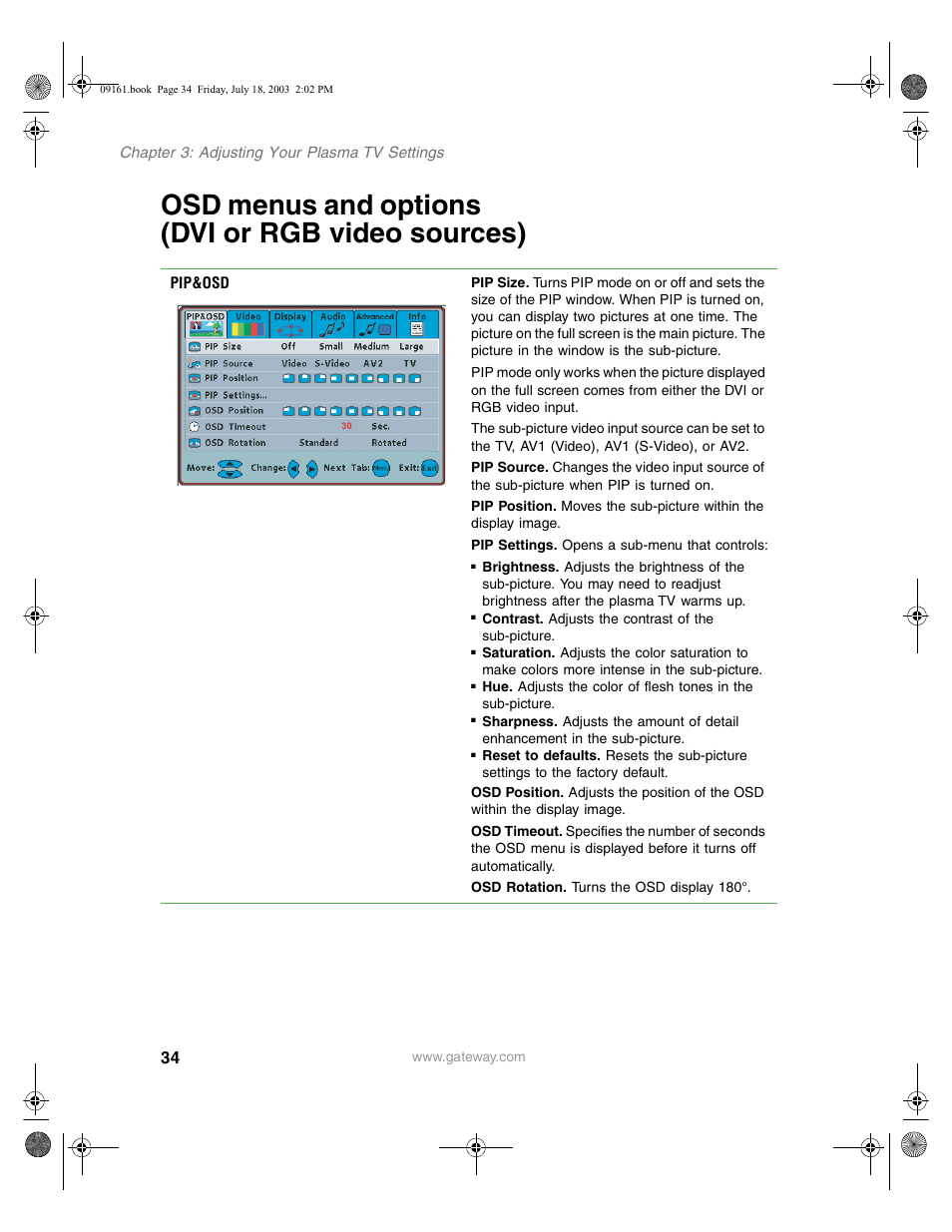 Osd menus and options (dviorrgbvideosources), Osd menus and options (dvi or rgb video sources) | Gateway GTW-P46M103 User Manual | Page 38 / 58