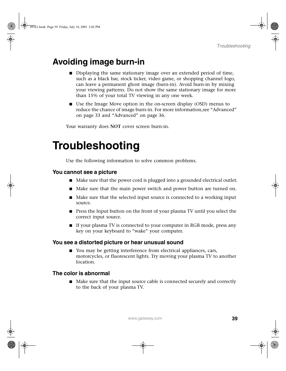 Avoiding image burn-in, Troubleshooting, You cannot see a picture | You see a distorted picture or hear unusual sound, The color is abnormal | Gateway GTW-P46M103 User Manual | Page 43 / 58
