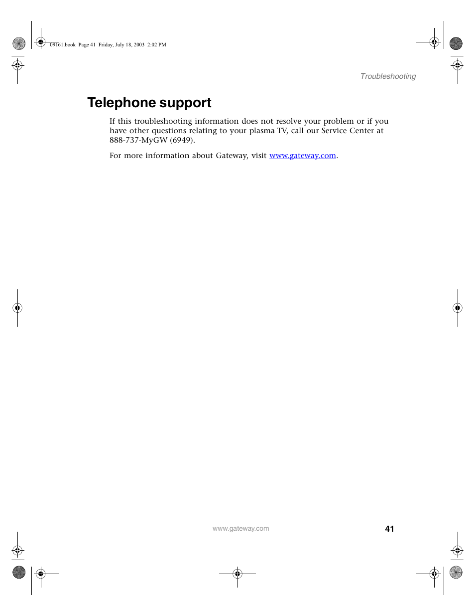 Telephone support | Gateway GTW-P46M103 User Manual | Page 45 / 58