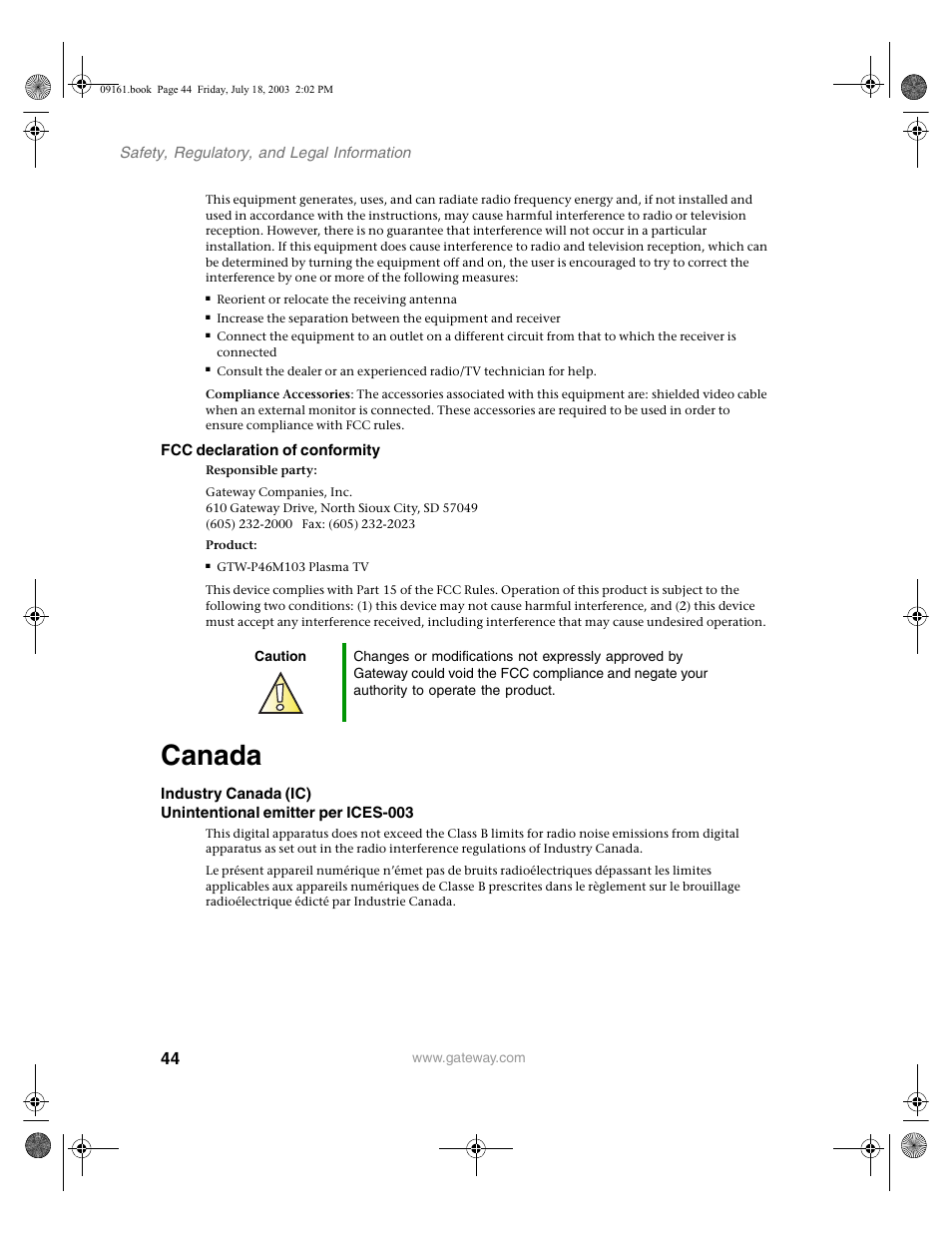 Fcc declaration of conformity, Caution, Canada | Gateway GTW-P46M103 User Manual | Page 48 / 58