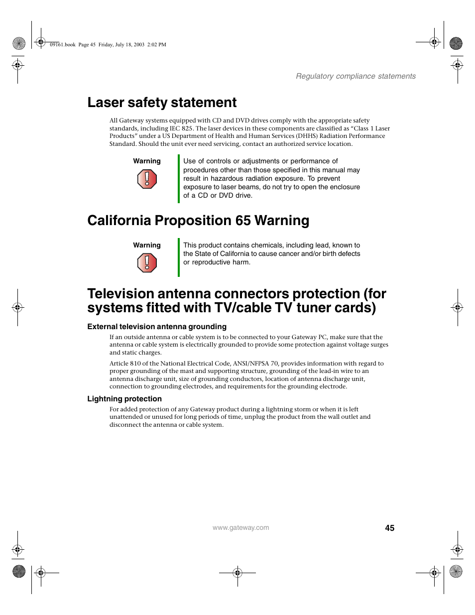 Laser safety statement, Warning, California proposition65 warning | External television antenna grounding, Lightning protection | Gateway GTW-P46M103 User Manual | Page 49 / 58