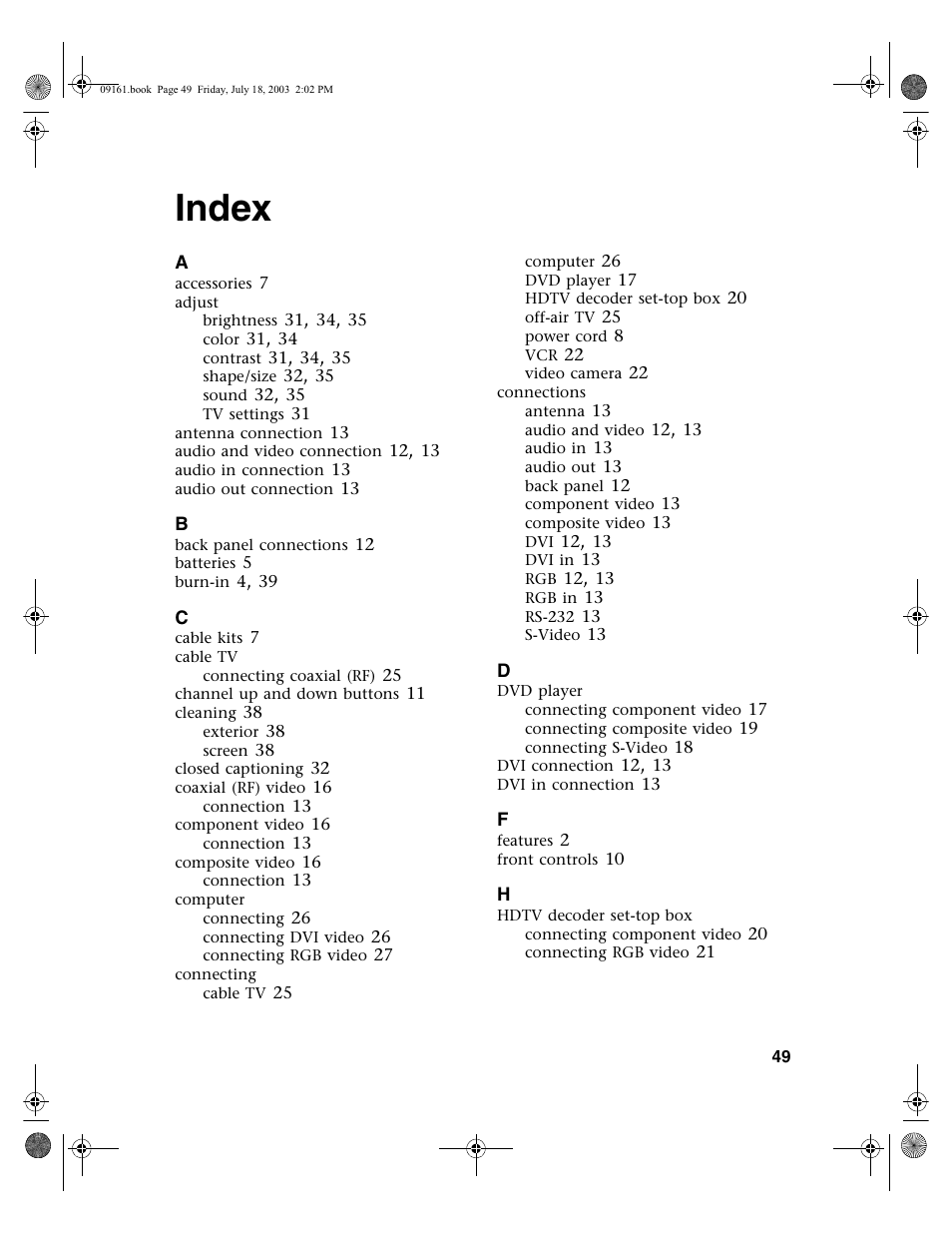 Index | Gateway GTW-P46M103 User Manual | Page 53 / 58