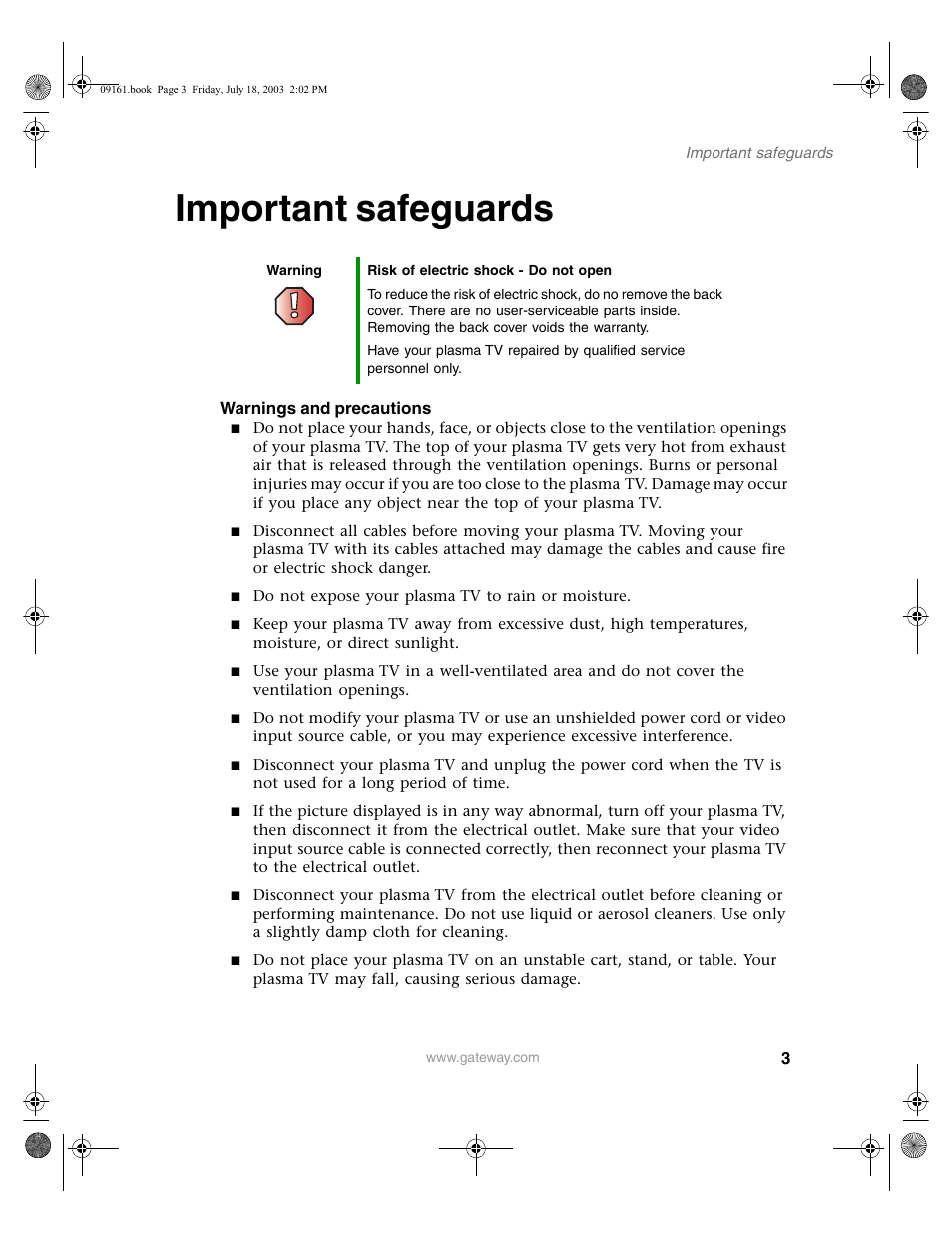Important safeguards, Warning, Warnings and precautions | Gateway GTW-P46M103 User Manual | Page 7 / 58