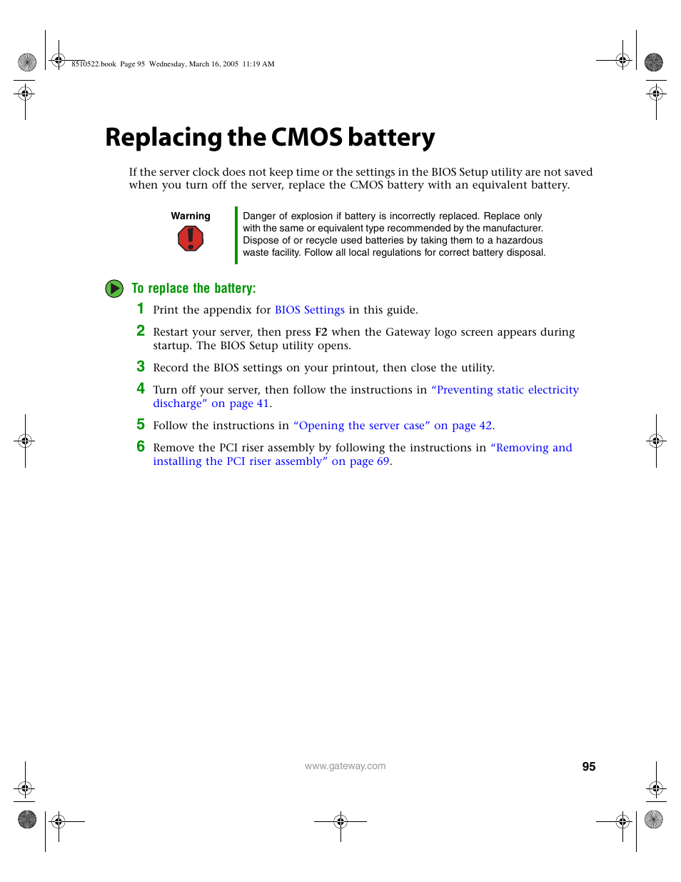 Replacing the cmos battery | Gateway 9415 User Manual | Page 100 / 188