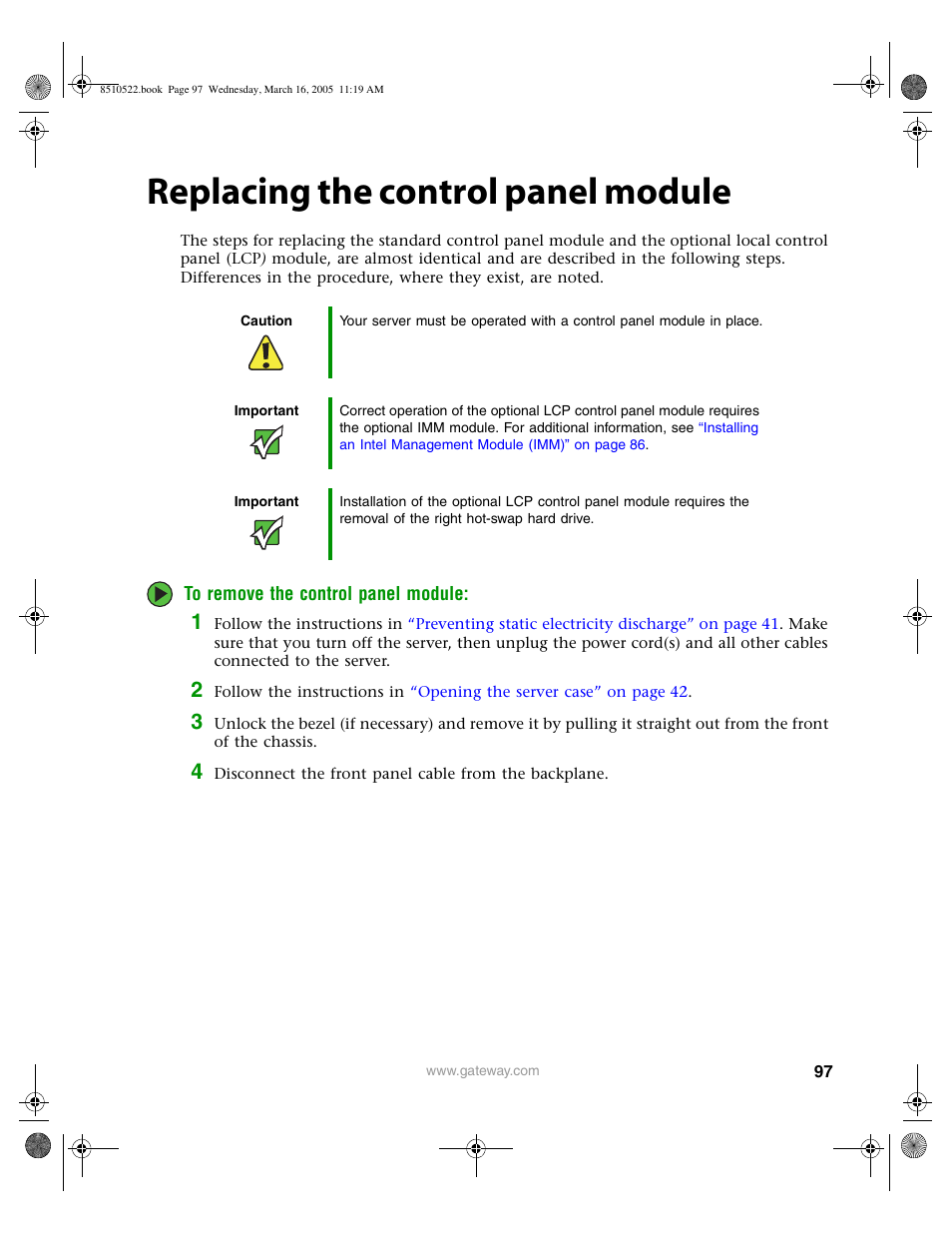 Replacing the control panel module | Gateway 9415 User Manual | Page 102 / 188