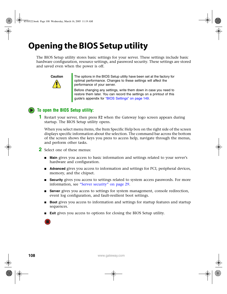 Opening the bios setup utility | Gateway 9415 User Manual | Page 113 / 188