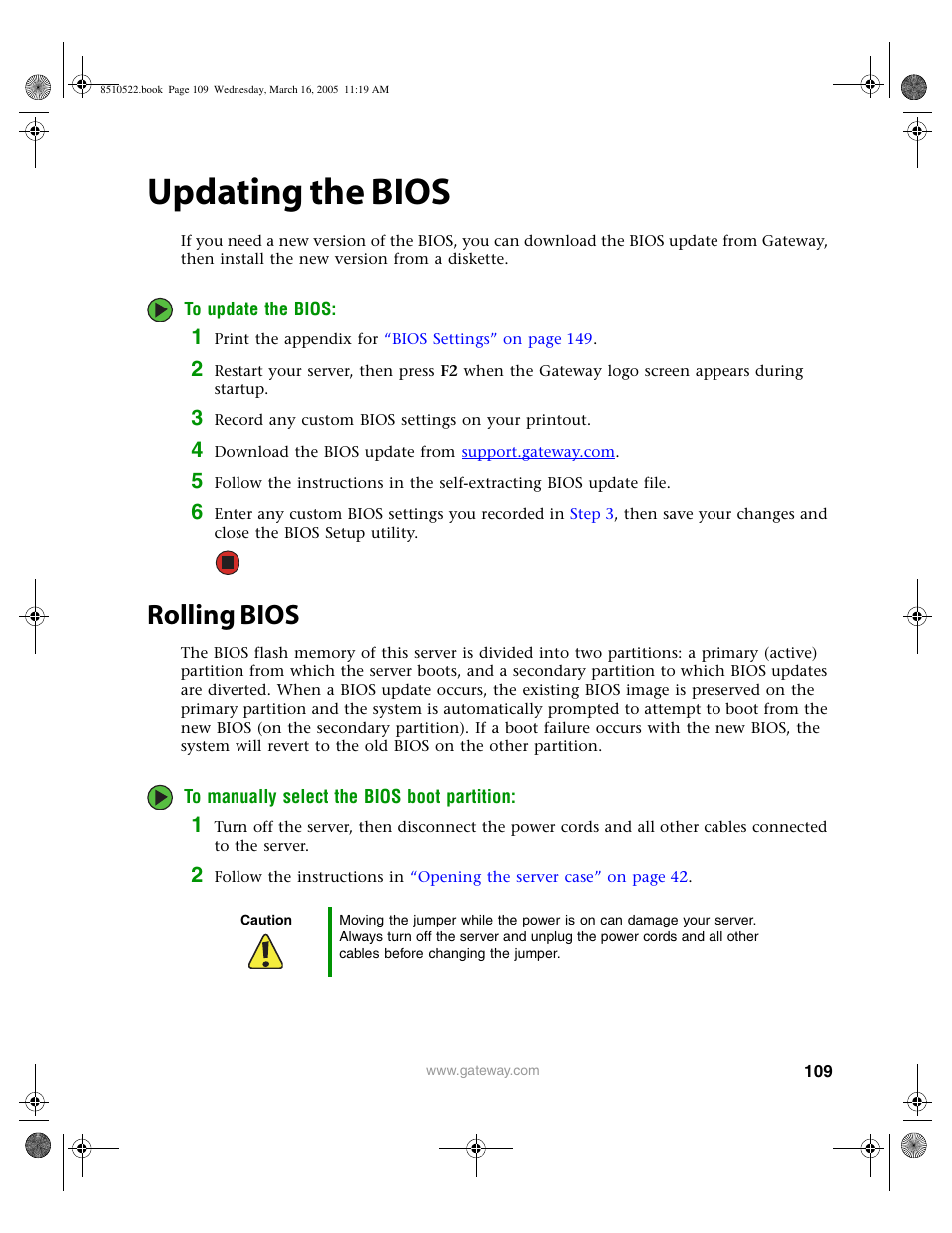 Updating the bios, Rolling bios, Updating the bios” on | Gateway 9415 User Manual | Page 114 / 188